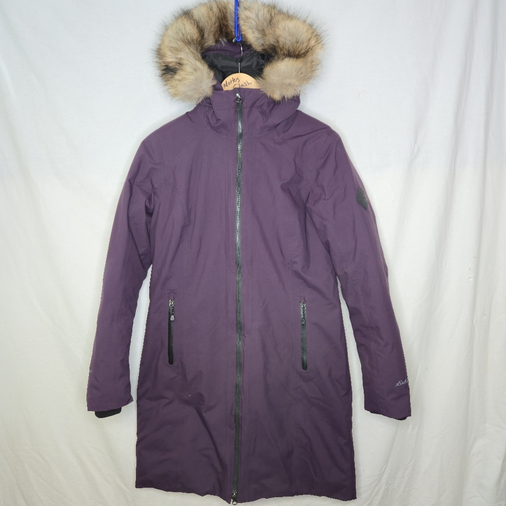 Eddie Bauer Ladies Purple Weatheredge Long Down Filled Winter Jacket Size Small